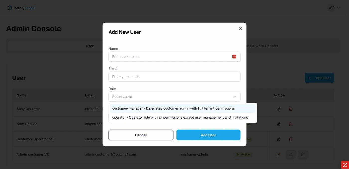 <b>Role options.</b> <code>customer-manager</code> — delegated customer admin with full tenant permissions. <code>operator</code> — all permissions except user management and invitations.