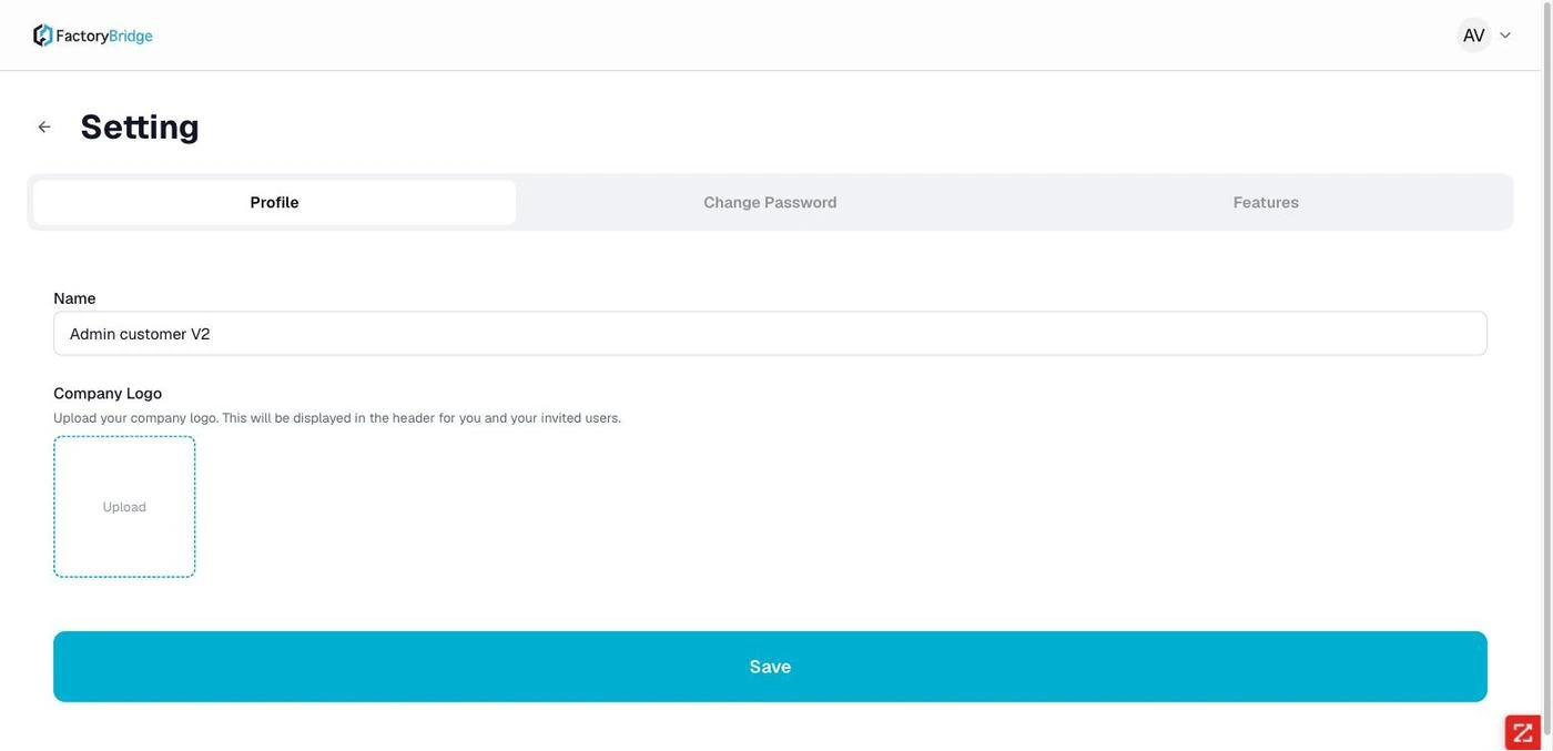 <b>Settings — Profile.</b> Account name and company logo, shown in the header for invited users.