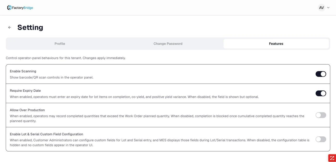 <b>Features.</b> Four tenant-wide toggles governing scanning, expiry dates, over-production and custom lot/serial fields.