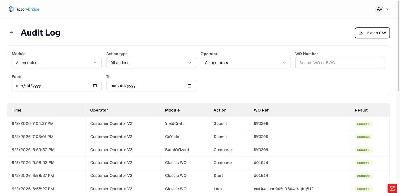 <b>Audit Log.</b> Time, operator, module, action, work order reference and result, with filters and CSV export.