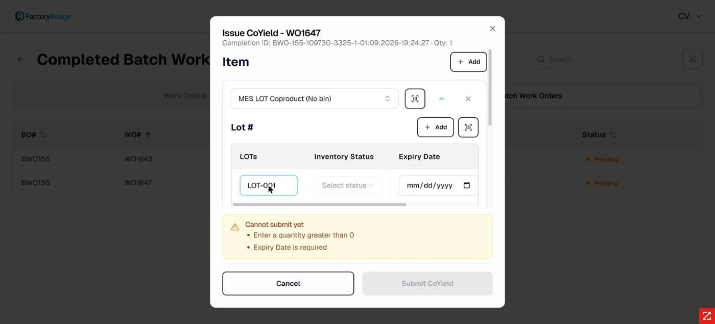 <b>Cannot submit yet.</b> Each unmet requirement is named — here a quantity greater than zero and a required expiry date.