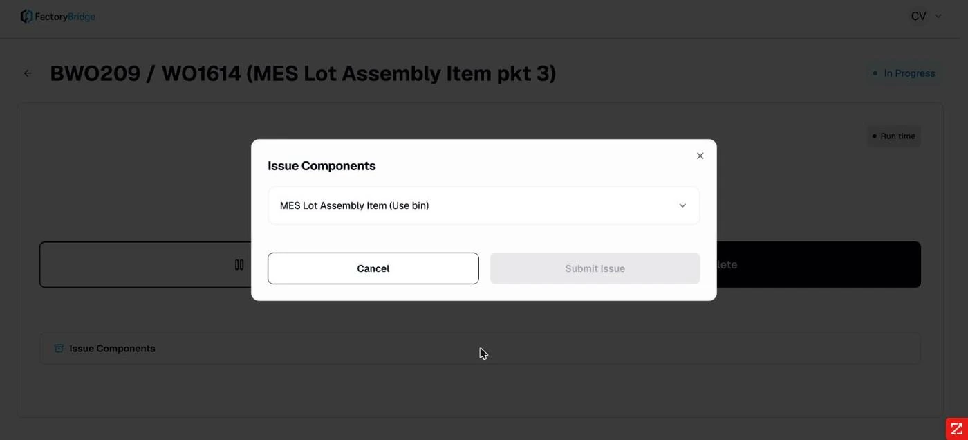 <b>Issue Components.</b> The components expected by this work order.