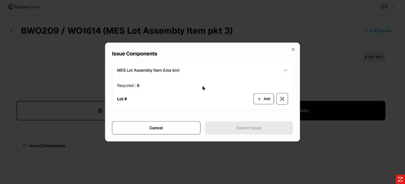 <b>Expanded.</b> Required quantity is stated, with Add to create an issue row and a scan control alongside.