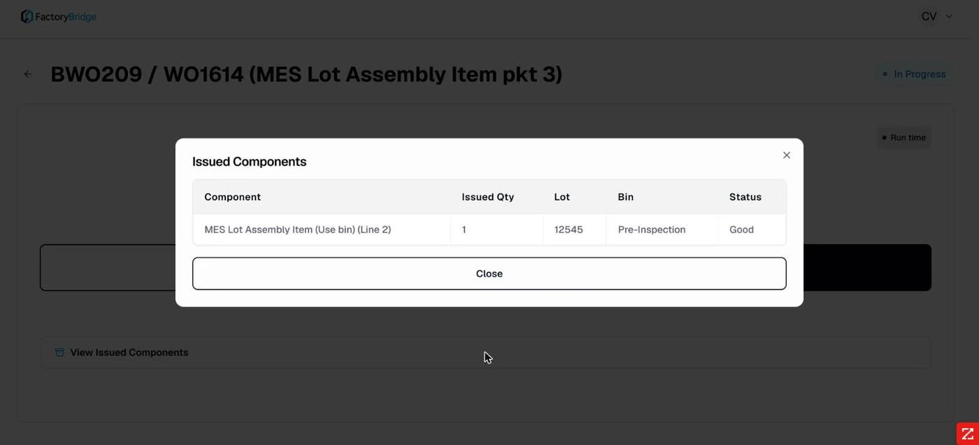 <b>Issued Components.</b> The audit view: component line, issued quantity, lot, bin and inventory status.
