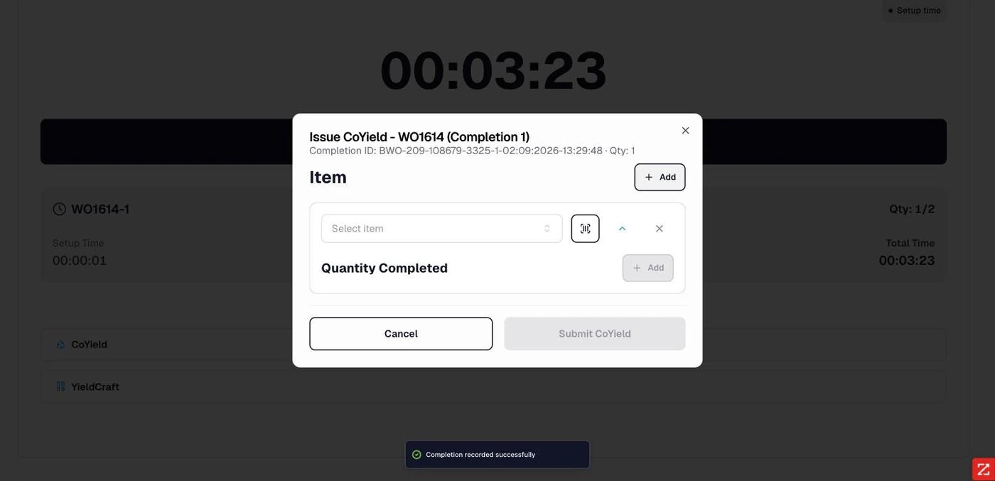 <b>Added manually.</b> An empty item row with a scan control, for work orders that define no co-products.
