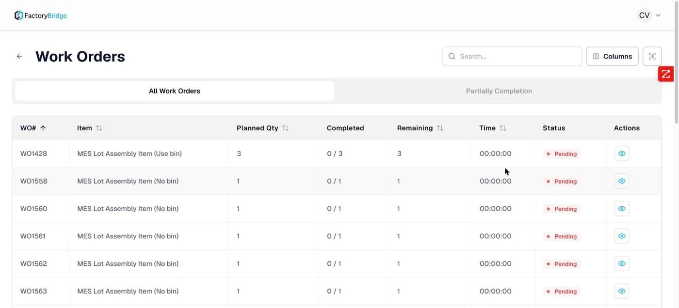 <b>Work Orders.</b> Planned quantity, completed against planned, remaining, accumulated time and status, with search and a column picker.