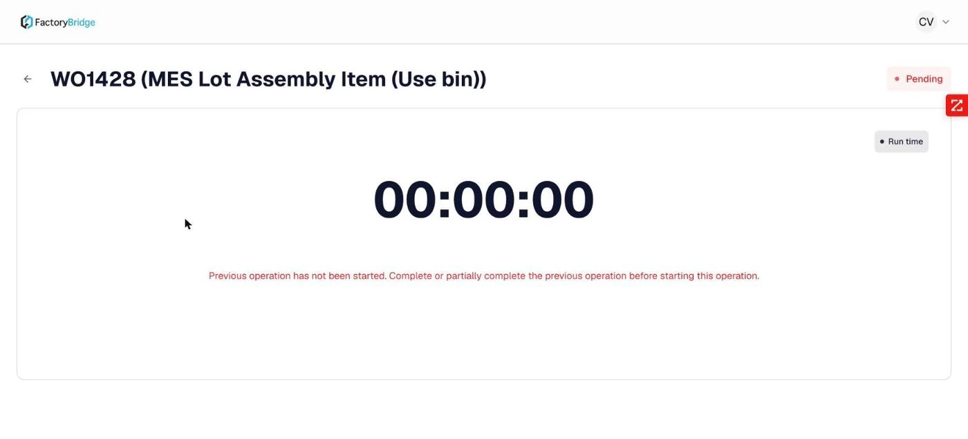 <b>Routing enforced.</b> "Previous operation has not been started. Complete or partially complete the previous operation before starting this operation."