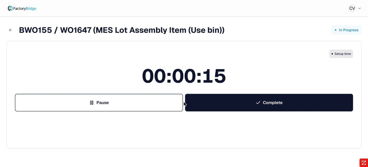 <b>Setup running.</b> Pause and Complete, with the phase badge showing <em>Setup time</em>.