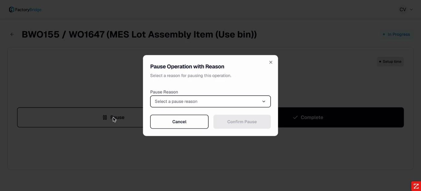 <b>Pause requires a reason.</b> Confirm Pause stays disabled until one is chosen.