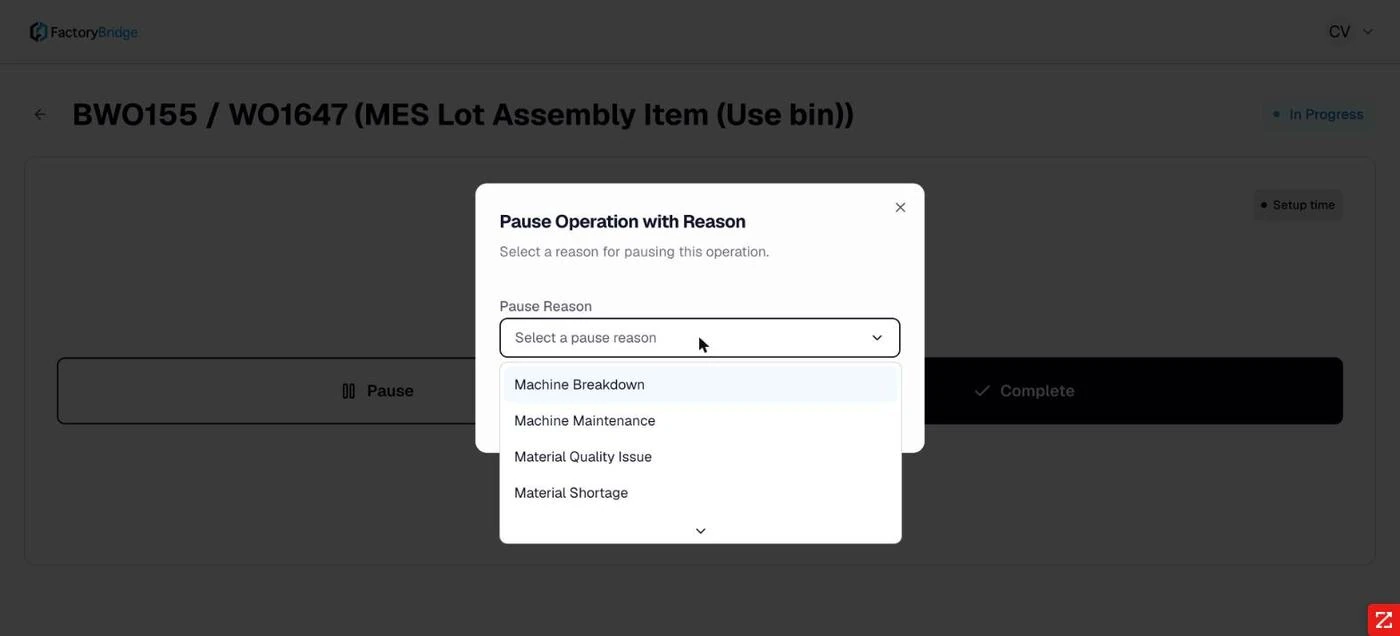 <b>The reason list.</b> Machine Breakdown, Machine Maintenance, Material Quality Issue, Material Shortage and more.
