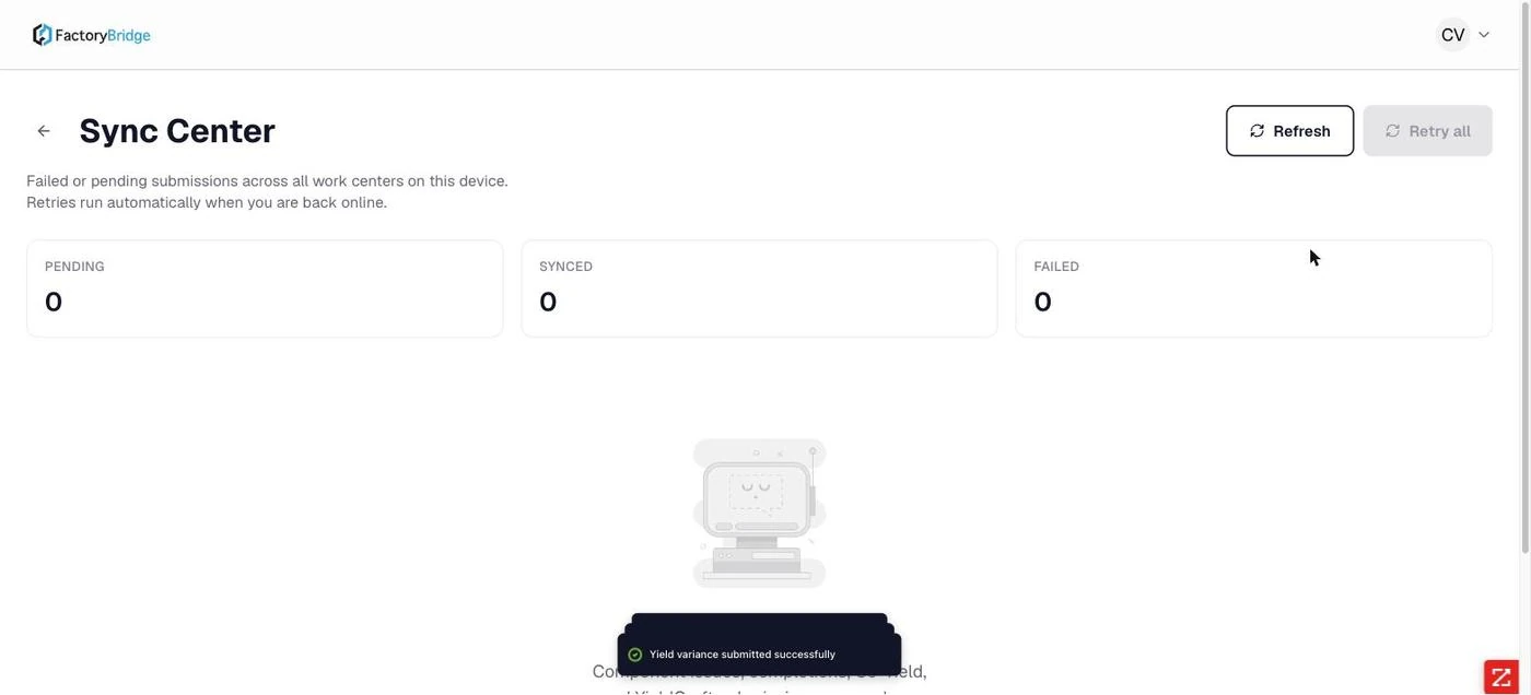 <b>Sync Center.</b> Pending, Synced and Failed counters, with Refresh and Retry all.
