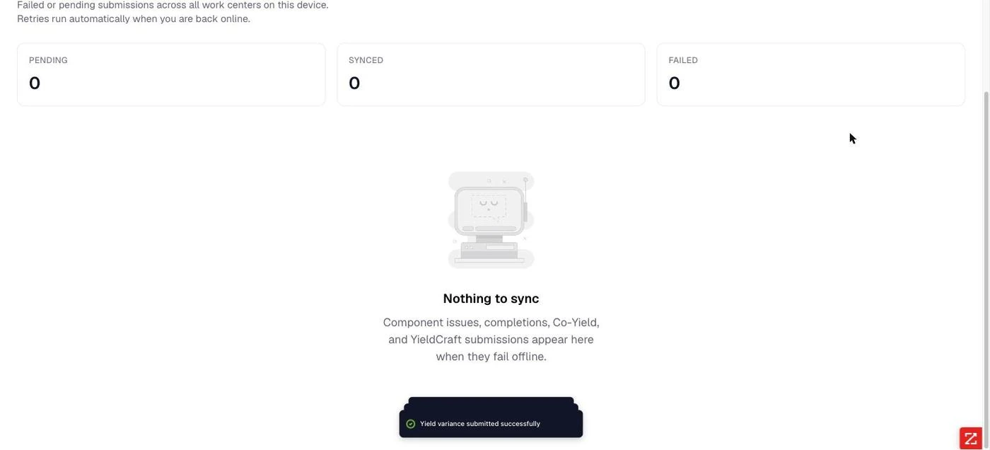 <b>Nothing to sync.</b> The empty state names exactly which submission types queue here, which is the clearest statement of the offline model in the product.