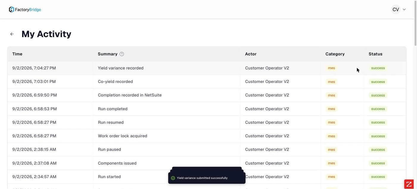 <b>My Activity.</b> The operator's own audit trail, including <code>Work order lock acquired</code> and <code>Completion recorded in NetSuite</code>.