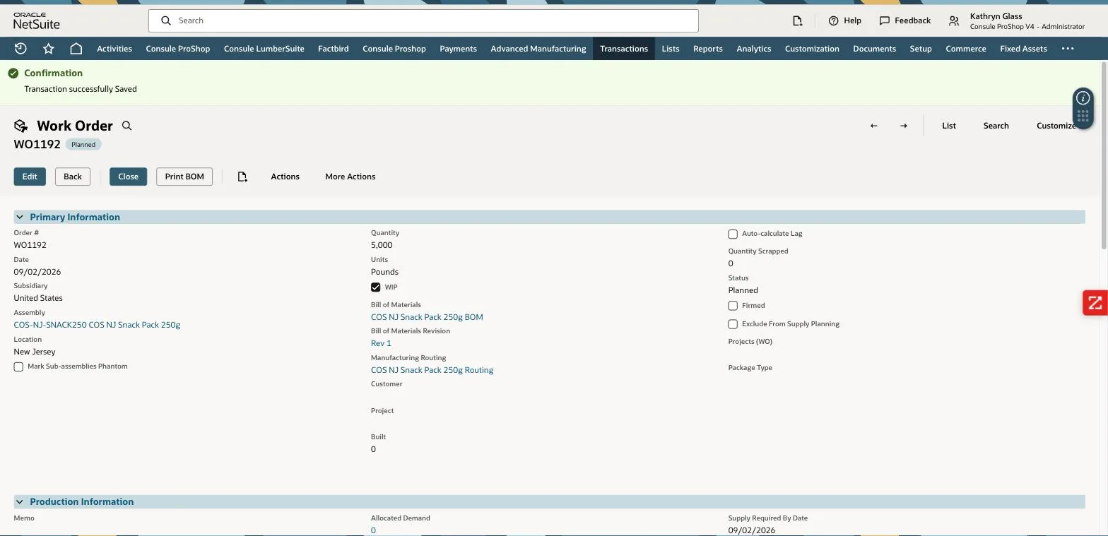 NetSuite: work order WO1192 planned — nothing Factbird-related has happened yet