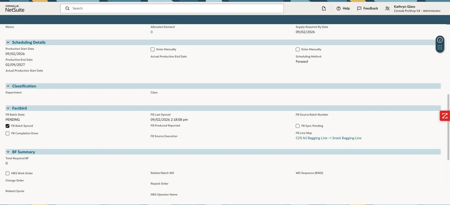 NetSuite: the FactoryPulse panel on the work order — PENDING, Batch Synced, line mapping named