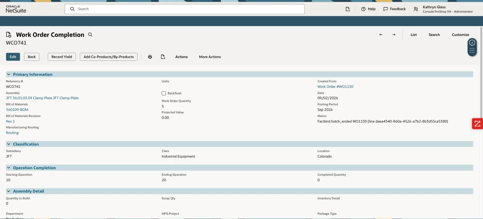 NetSuite: completion WCO741, created automatically — the memo carries full provenance