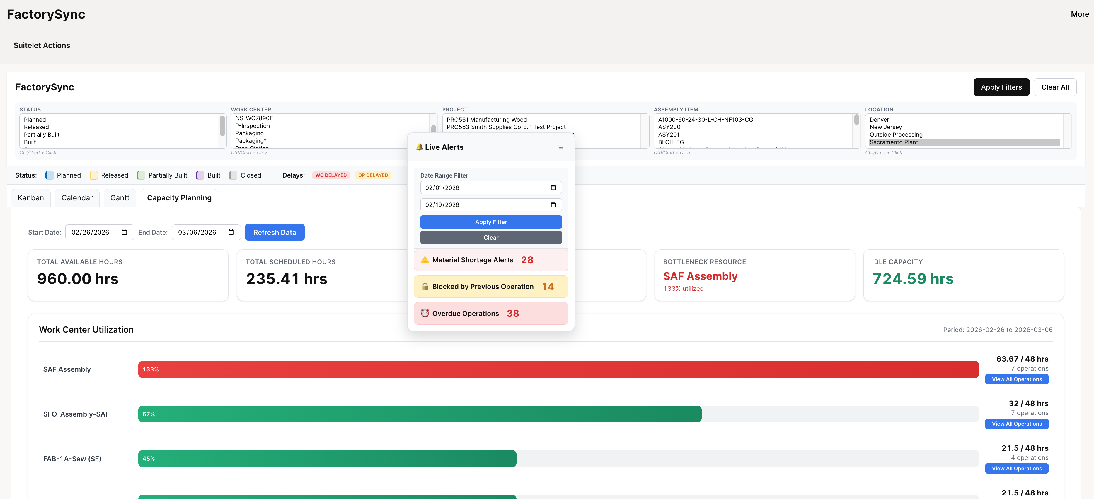 Live Alerts dropdown showing Material Shortage Alerts, Blocked by Previous Operation, and Overdue Operations with counts