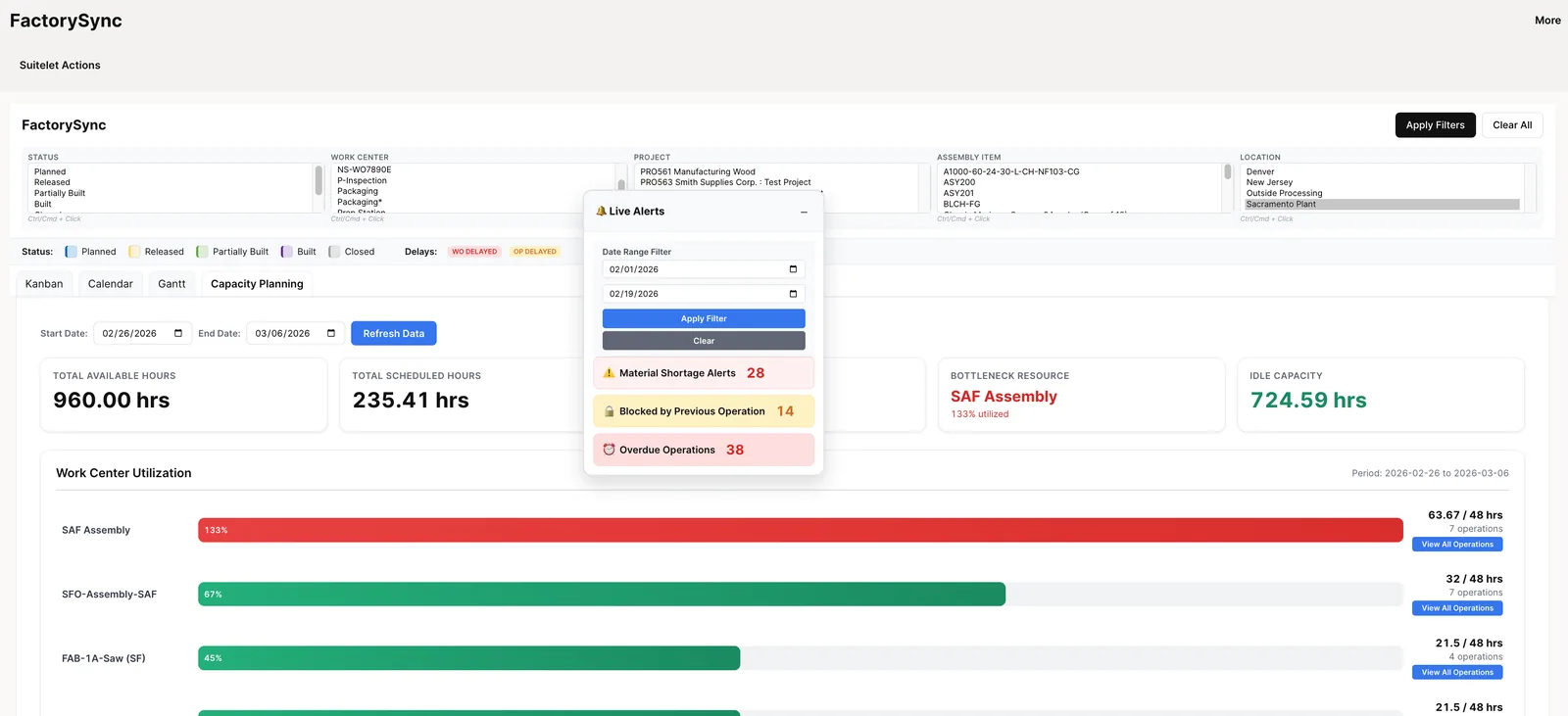 Live Alerts dropdown showing Material Shortage Alerts, Blocked by Previous Operation, and Overdue Operations with counts
