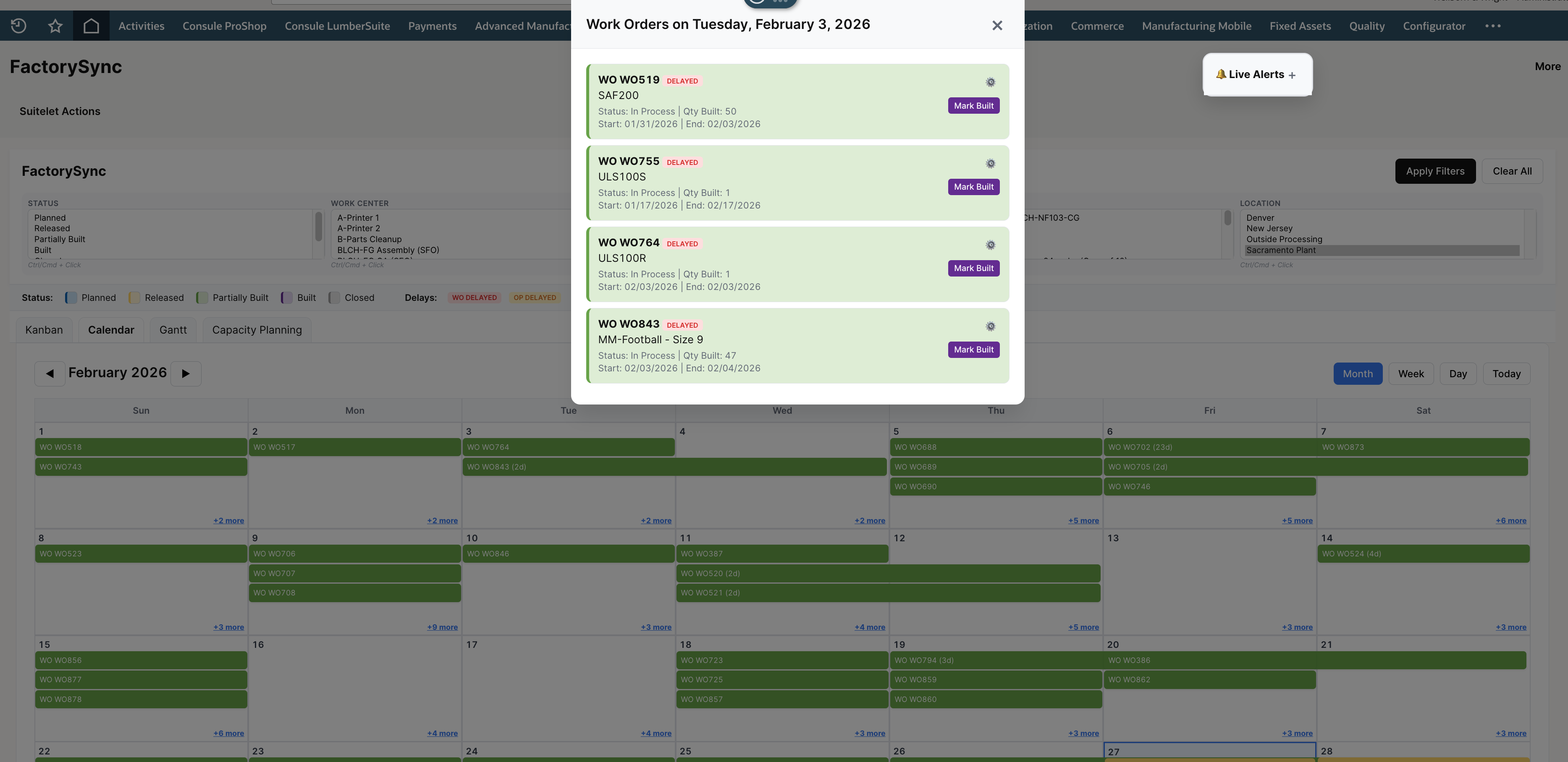 Day detail modal showing work orders scheduled for a specific day with Mark Built buttons