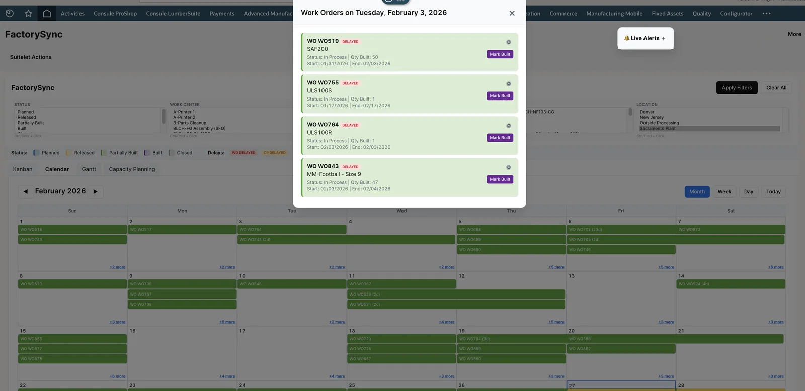 Day detail modal showing work orders scheduled for a specific day with Mark Built buttons