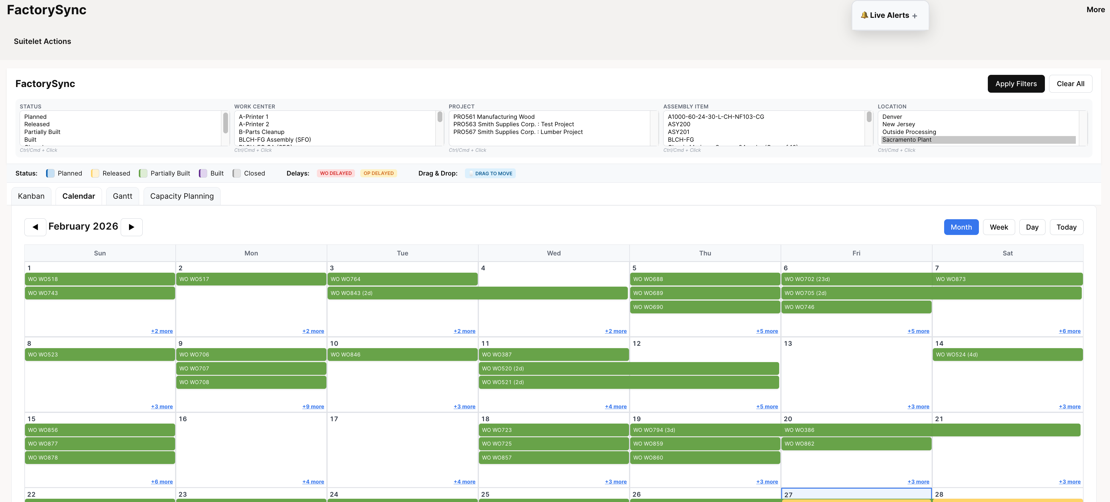 Monthly calendar view with color-coded work order bars spanning multiple days