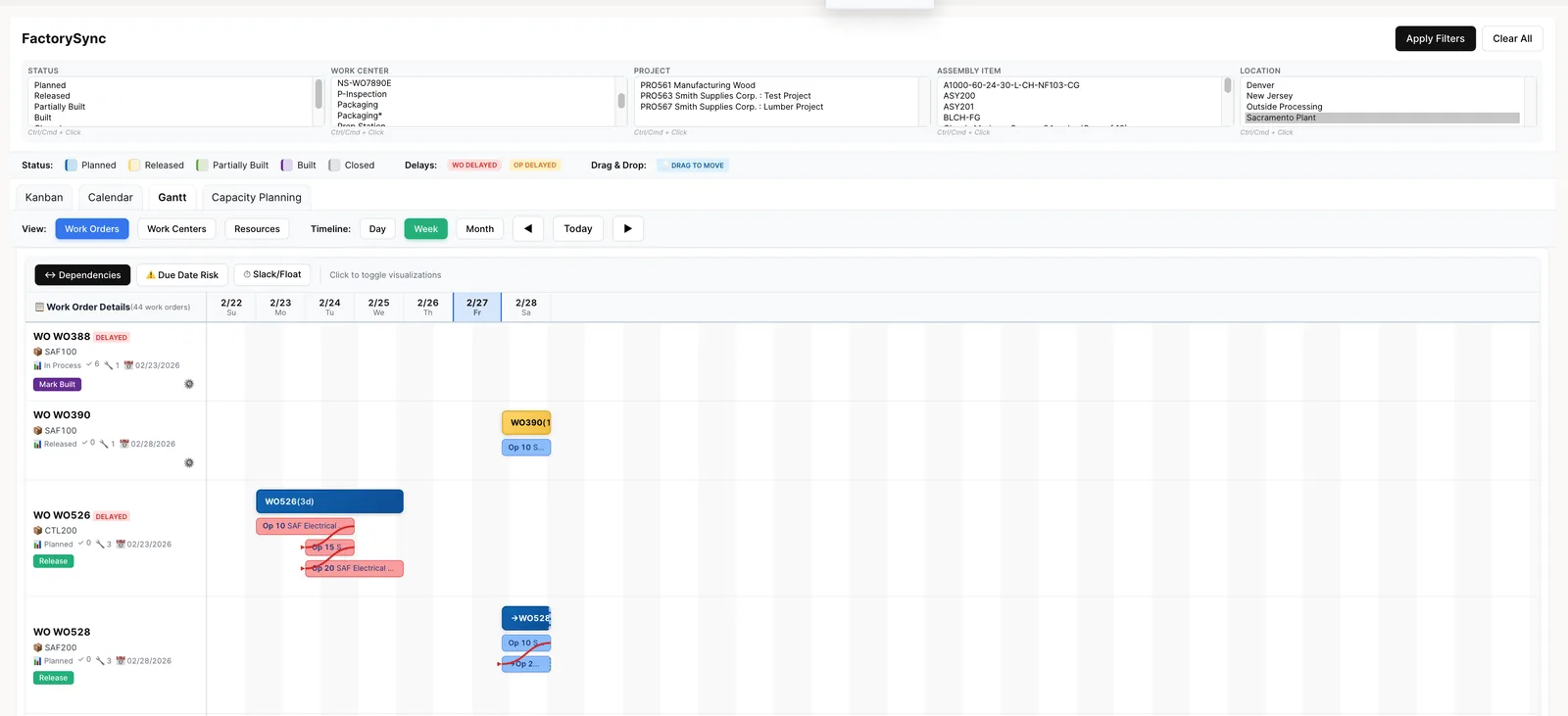 Gantt with Dependencies toggle showing arrow connections between dependent operations
