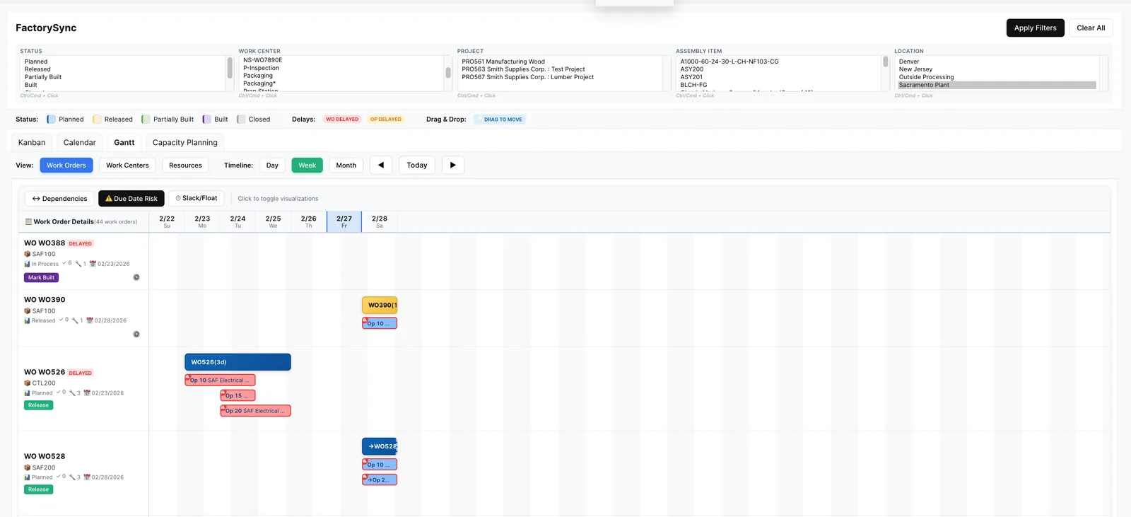 Gantt with Due Date Risk toggle showing red warning indicators on at-risk operations