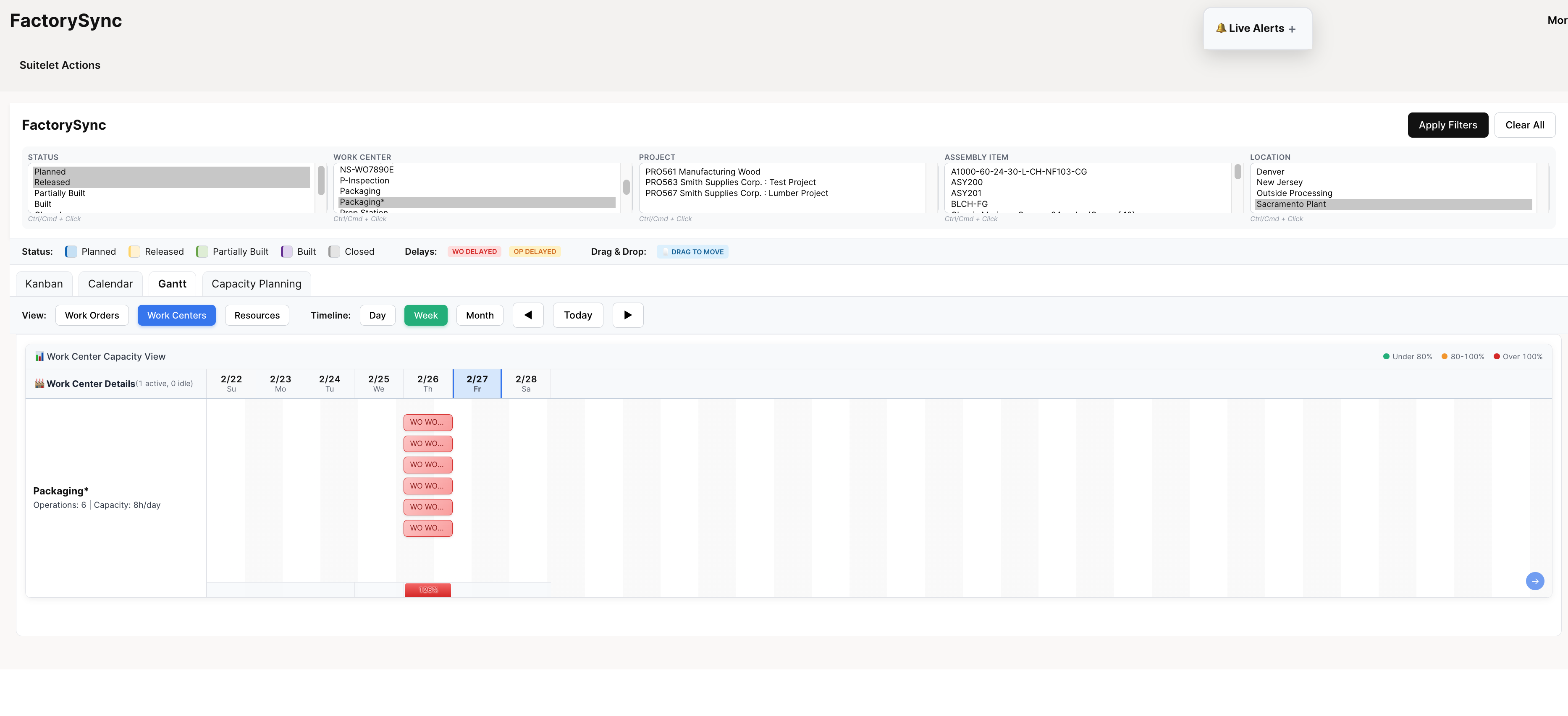Work Center Gantt showing multiple operations scheduled on a work center with capacity utilization bars