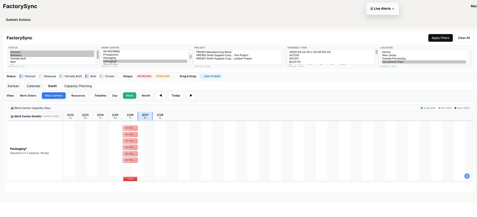 Work Center Gantt showing multiple operations scheduled on a work center with capacity utilization bars