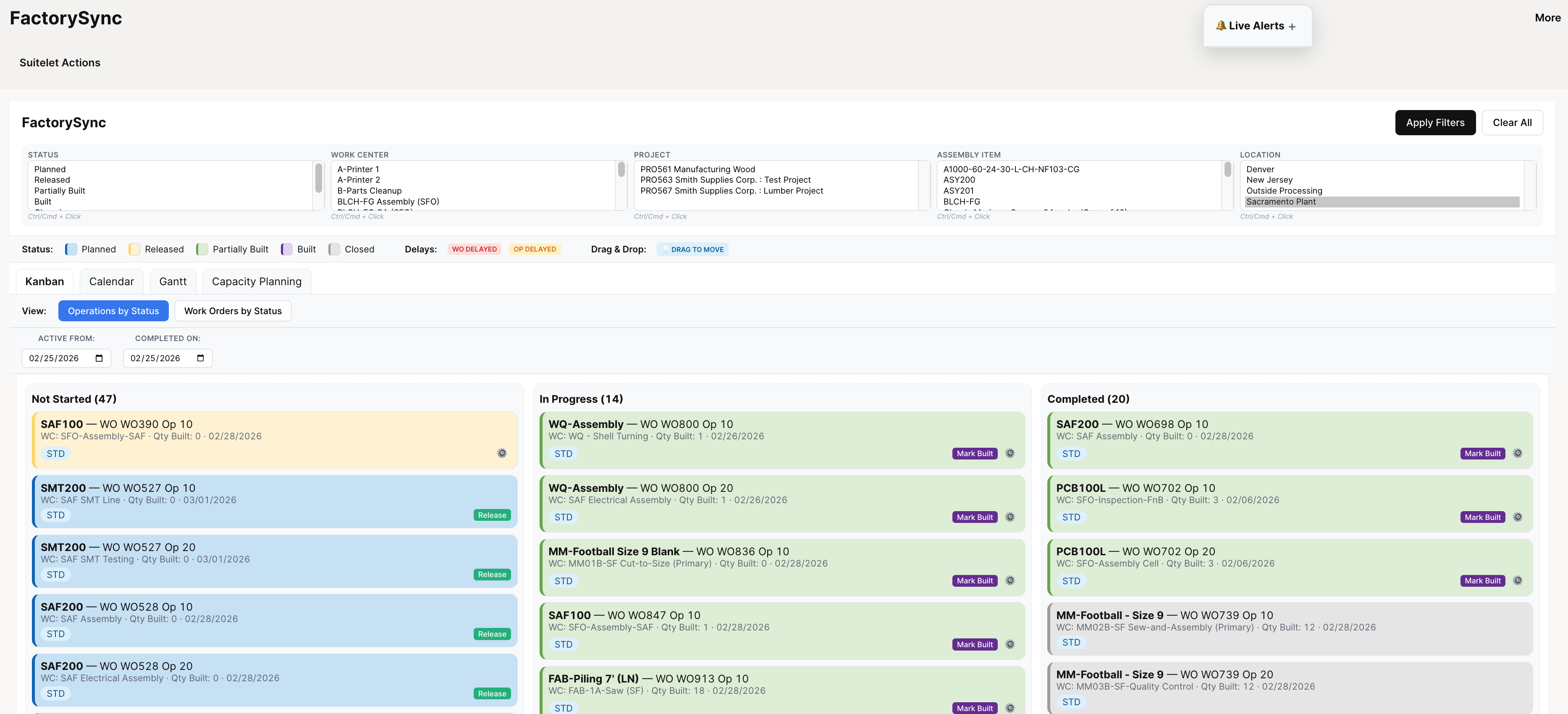 Operations Kanban Board showing three columns with operation cards