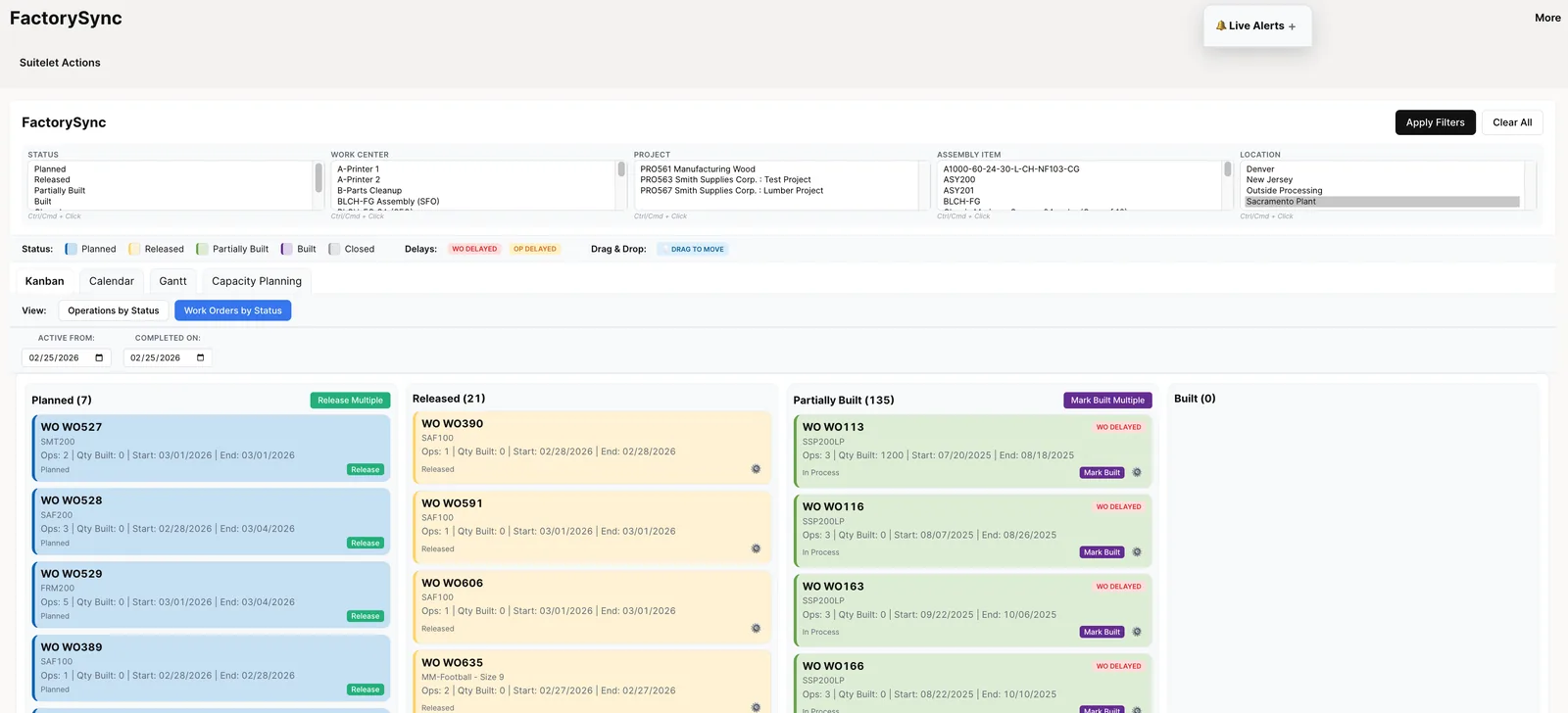 Work Orders Kanban Board showing four columns with WO cards and DELAYED badges