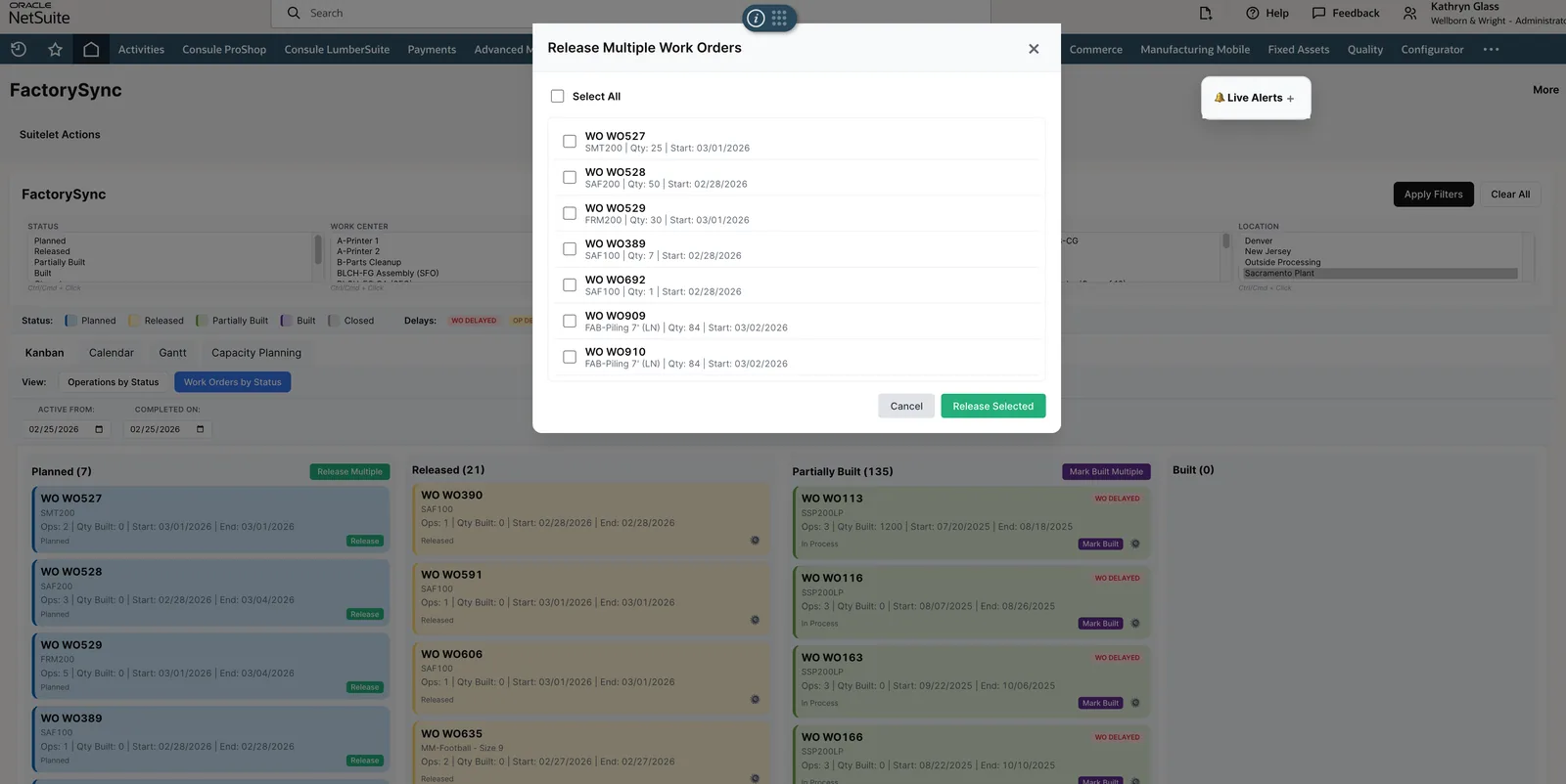 Release Multiple Work Orders modal with checkboxes for bulk release showing WO details before confirming