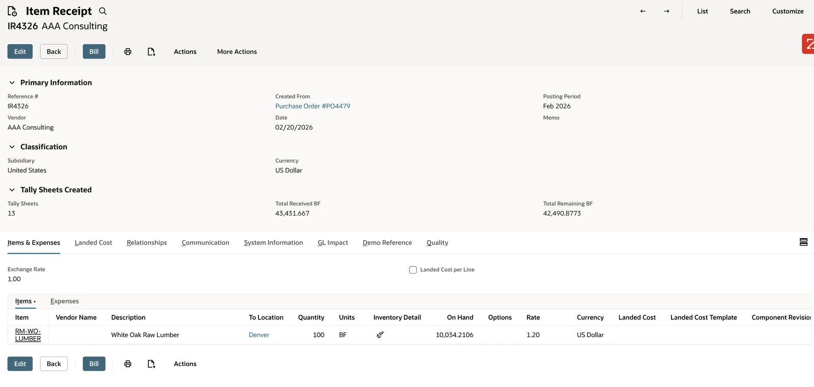 Item Receipt with auto-created tally