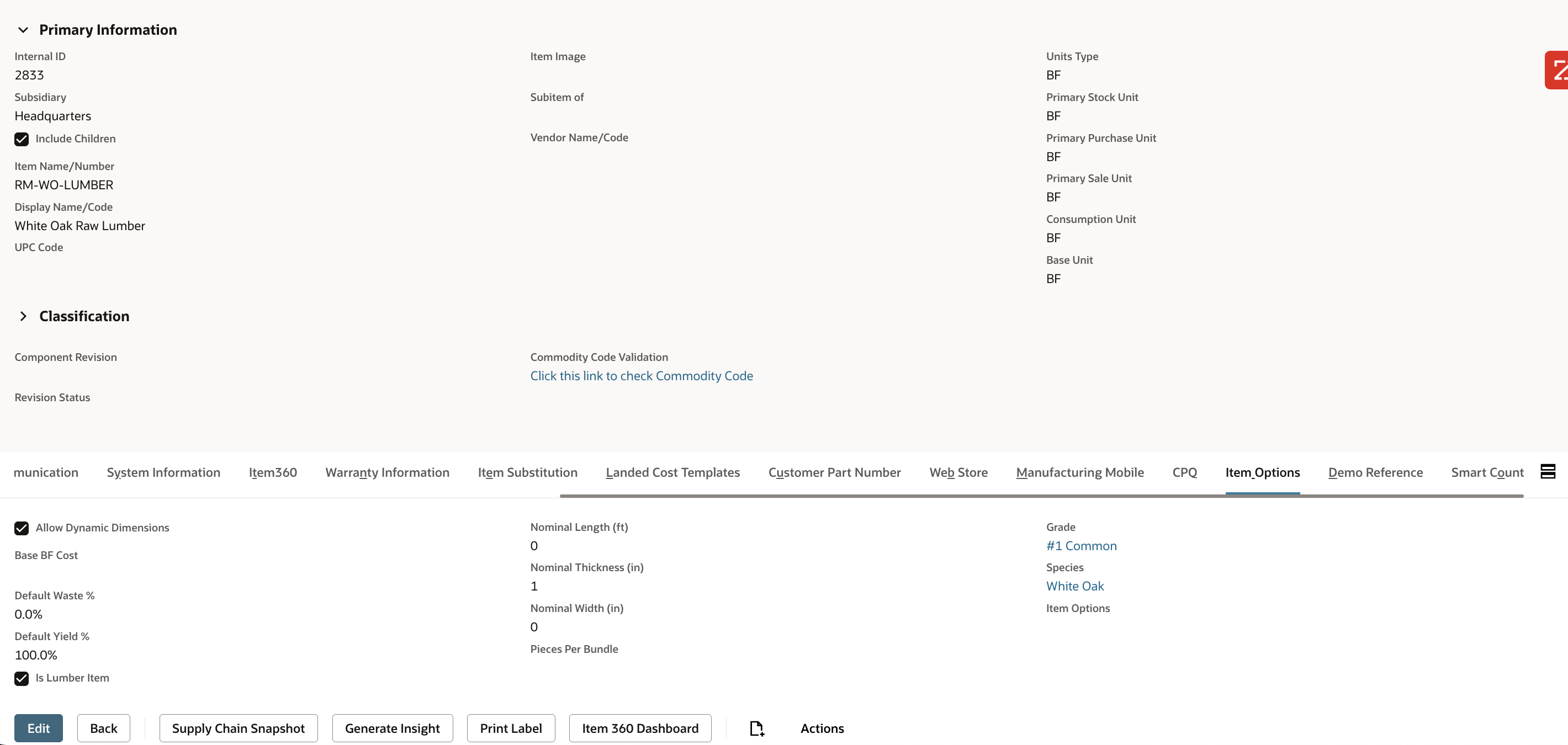 Lumber item configuration