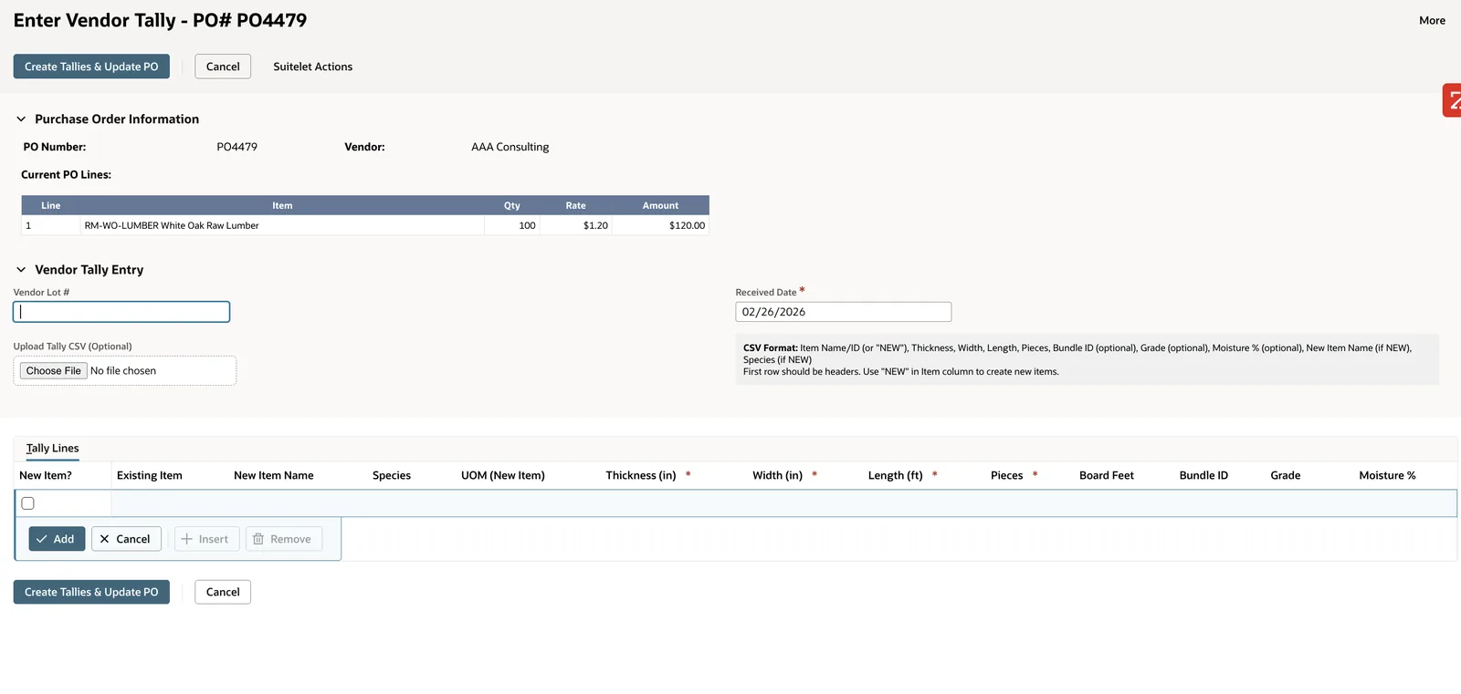 Vendor tally creation form
