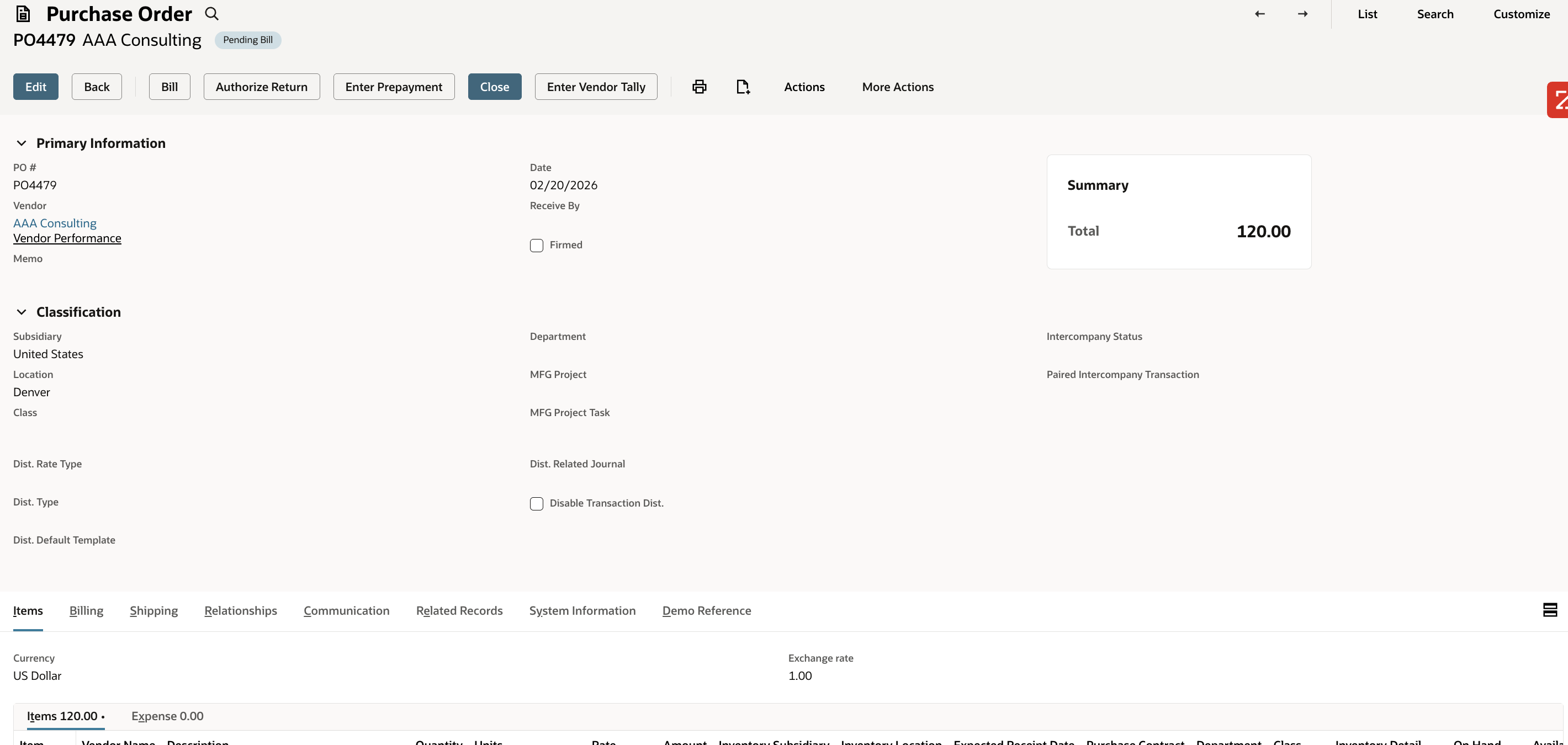 Purchase Order with Enter Vendor Tally button
