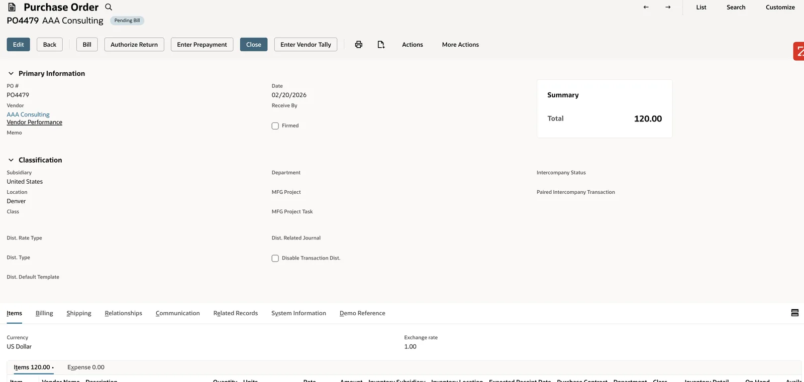 Purchase Order with Enter Vendor Tally button