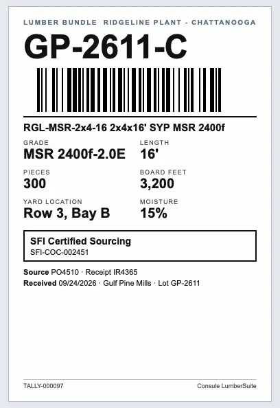 LumberSuite 4x6 bundle tag for GP-2611-C with barcode, grade, length, pieces, board feet, yard location, moisture and SFI claim