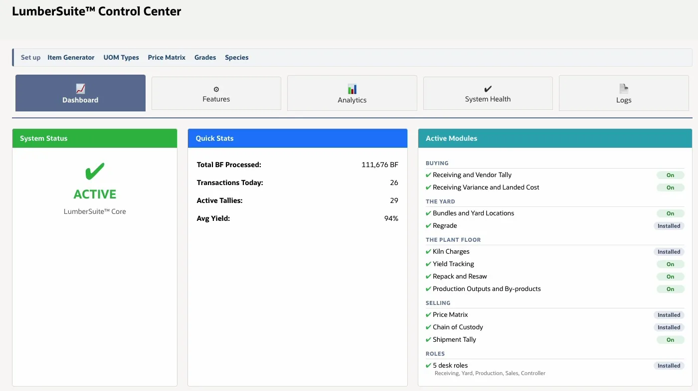 LumberSuite Control Center Dashboard tab with the Set up strip, System Status active, Quick Stats and Active Modules grouped by desk, each On or Installed
