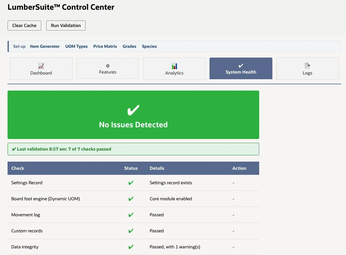 Control Center System Health tab showing No Issues Detected, last validation 8:57 am with 7 of 7 checks passed, and the check list with status and details