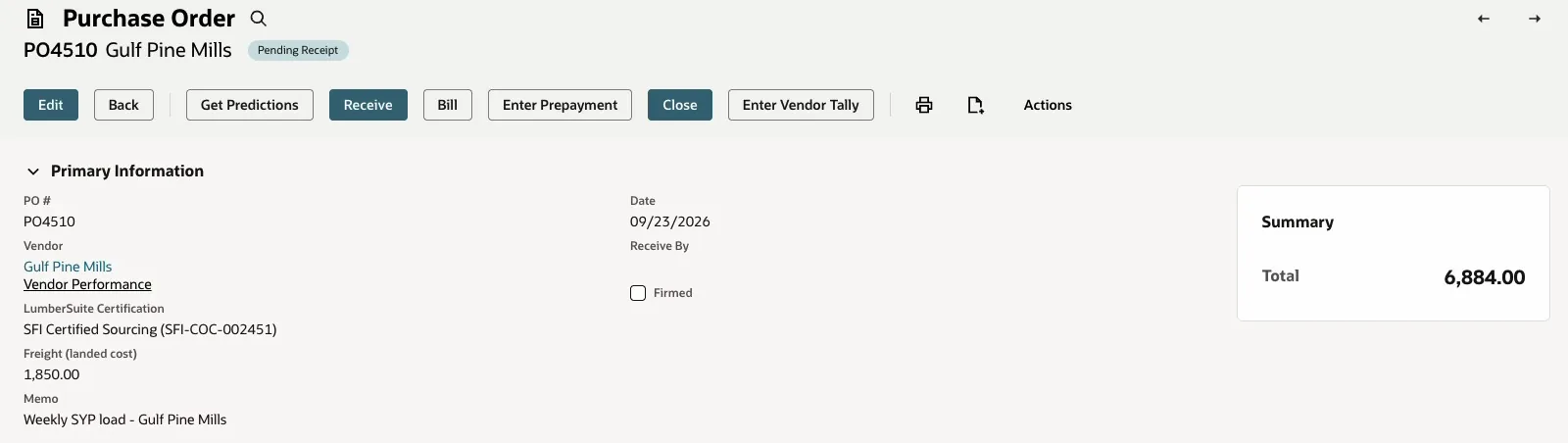 NetSuite purchase order PO4510 from Gulf Pine Mills showing the LumberSuite Certification field beside the vendor