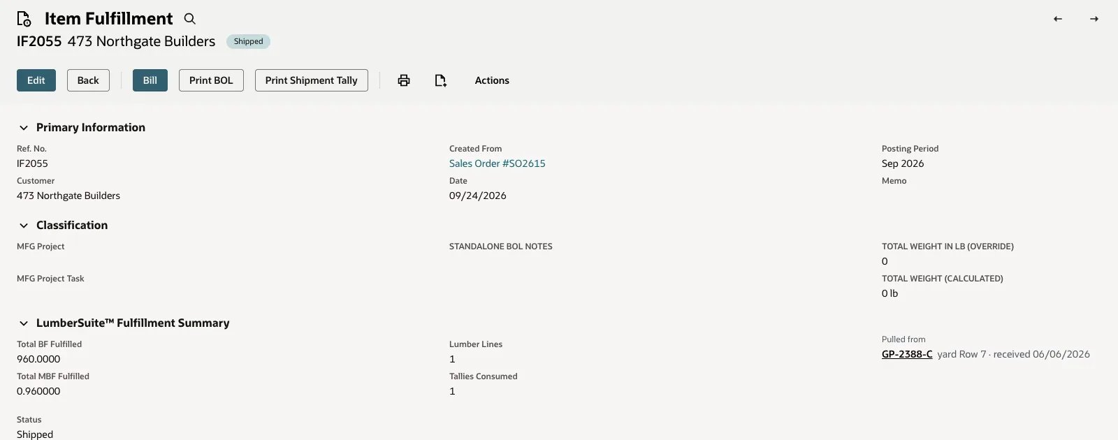 NetSuite item fulfillment IF2055 with the LumberSuite Fulfillment Summary listing the bundle it was pulled from