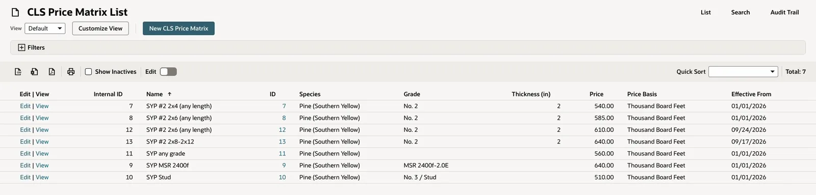 CLS Price Matrix list for Southern Yellow Pine: seven rows by grade and thickness priced per thousand board feet with effective-from dates, including SYP #2 2x6 at 585.00 from 01/01/2026 and 610.00 from 09/24/2026