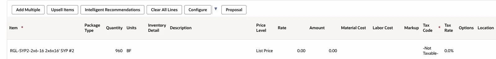 Quote item line for 960 BF of RGL-SYP2-2x6-16 2x6x16' SYP #2 with the rate and amount left at 0.00