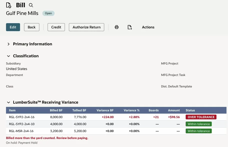Vendor bill from Gulf Pine Mills with the LumberSuite Receiving Variance panel: the 2x4x16 line billed 8,000 BF against 7,776 BF tallied, 224 BF, 21 boards and $98.56 over tolerance, and the bill on Payment Hold