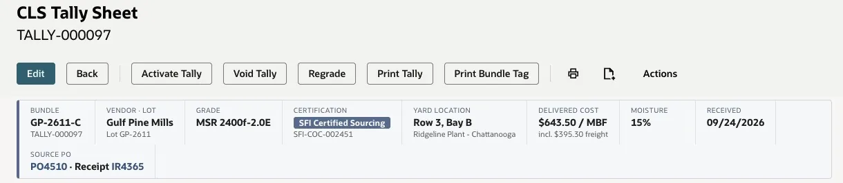Bundle GP-2611-C showing a delivered cost of 643.50 dollars per MBF including 395.30 dollars of freight, with source PO4510 and receipt IR4365