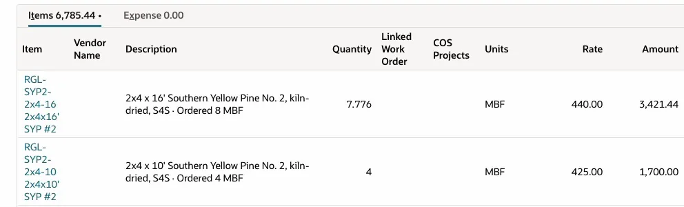 Purchase order item lines after the count: items total 6,785.44, and the 2x4x16 line at 7.776 MBF at 440.00 with the description ending Ordered 8 MBF