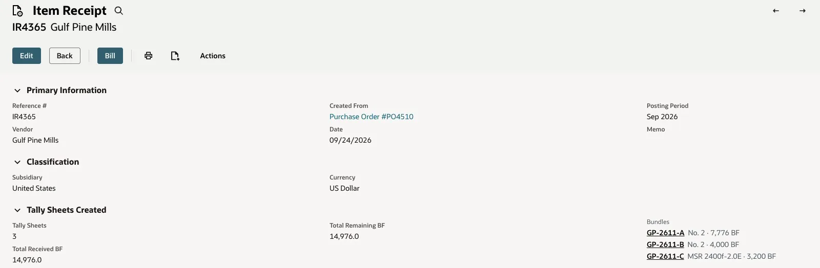 Item receipt IR4365 with the Tally Sheets Created section listing bundles GP-2611-A, GP-2611-B and GP-2611-C as links
