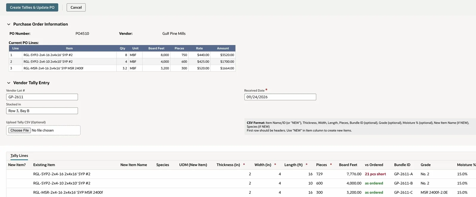 Enter Vendor Tally for Gulf Pine Mills purchase order PO4510: the order in MBF above three counted bundles, with the vs Ordered column reading 21 pcs short on the first 2x4x16 bundle and as ordered on the other two