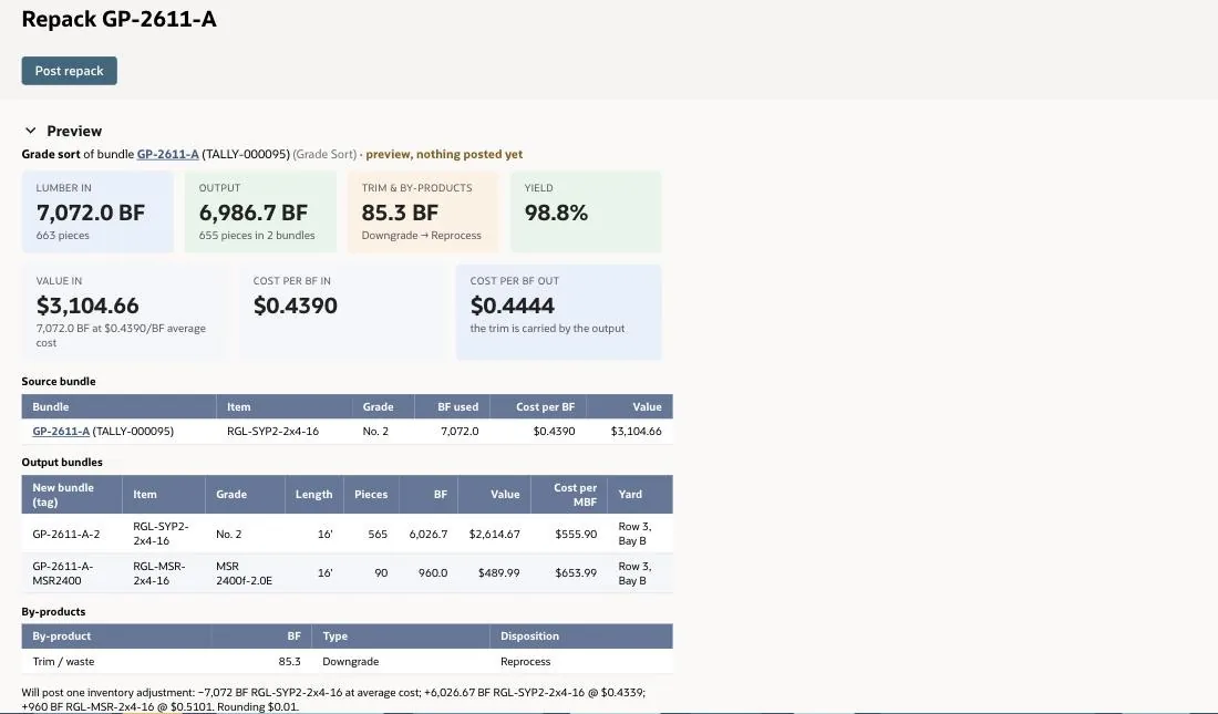 Preview of a grade sort of bundle GP-2611-A, nothing posted yet: 7,072.0 BF in, 6,986.7 BF out in 2 bundles, 85.3 BF of downgrade to reprocess, 98.8% yield, $3,104.66 value in, cost per BF $0.4390 in and $0.4444 out, and No. 2 and MSR 2400f-2.0E output bundles at $555.90 and $653.99 per MBF